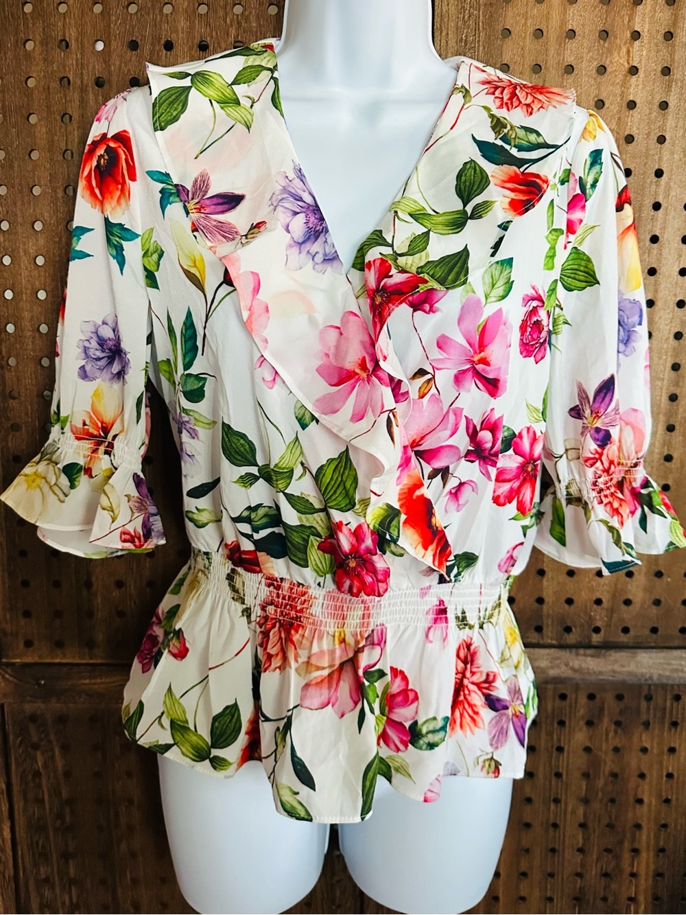 Philosophy Cream Floral Ruffle Peplum Blouse with Pink & Green Accents